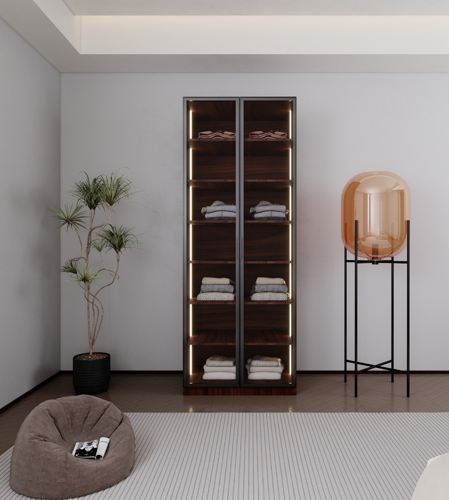 ארון בגדים בעיצוב יוקרתי עם תאורת LED ודלתות זכוכית - דגם ונציה חום כהה | WOODY – תמונה 2