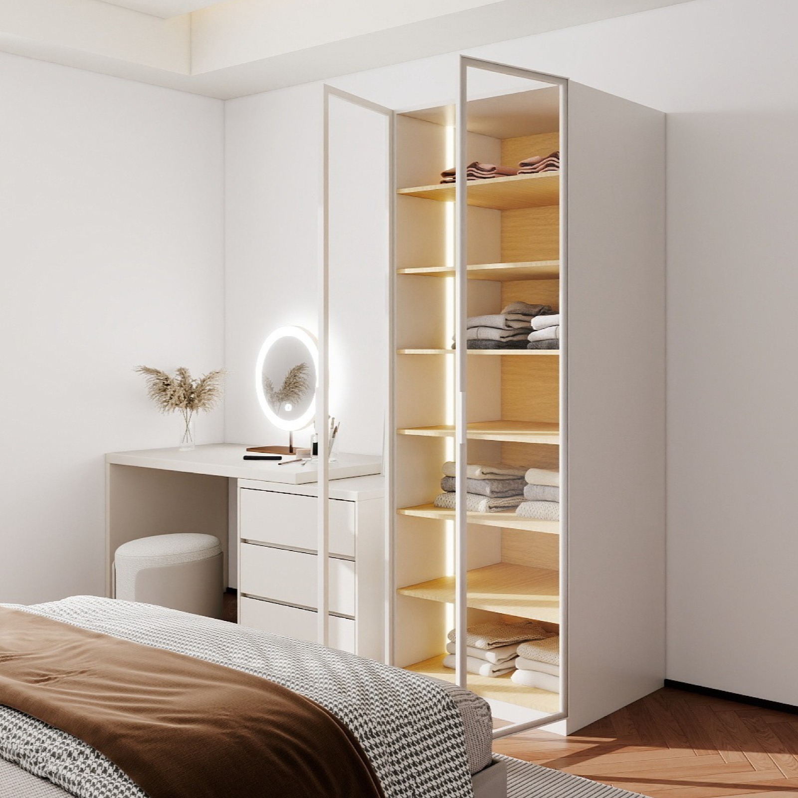 ארון בגדים ונציה עם 2 דלתות זכוכית ותאורת LED - עיצוב לבן ועץ טבעי מושלם מבית WOODY – תמונה 2