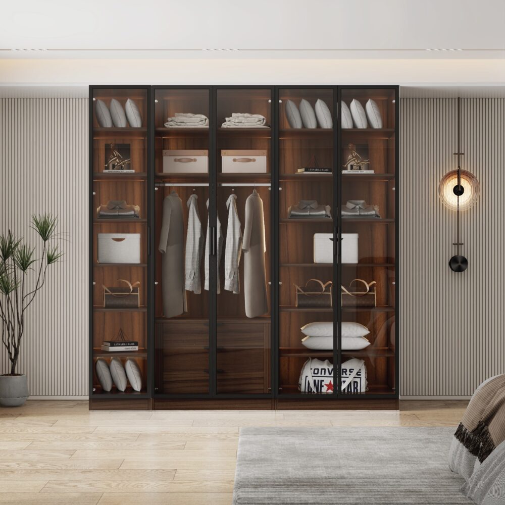 ארון איטלקי דגם לוקה עם תאורת LED ו-5 דלתות זכוכית בגוון חום כהה מבית WOODY