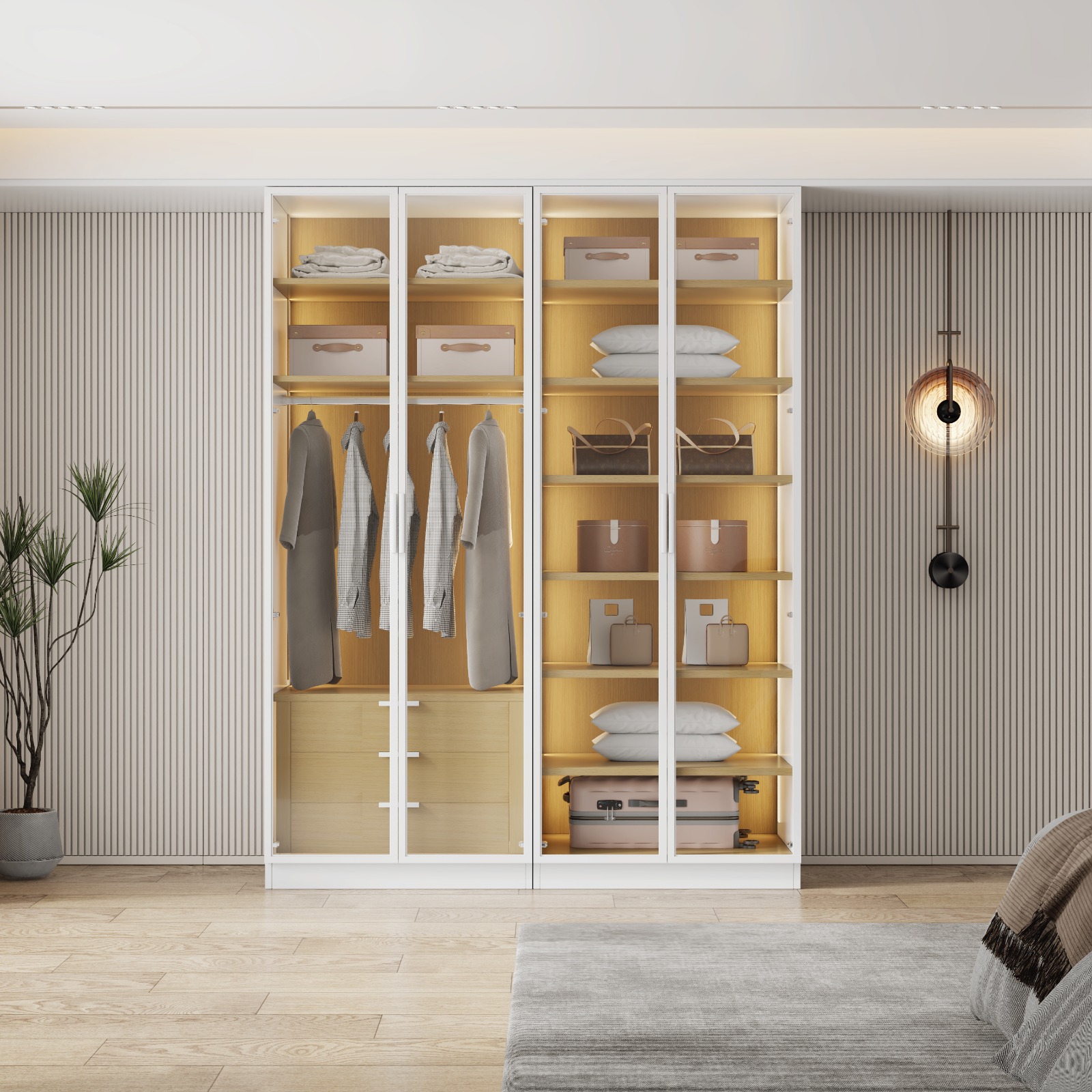 ארון בגדים יוקרתי 4 דלתות זכוכית עם תאורת LED רוחב 160 מסדרת איטליה בעיצוב פיזה, שילוב מהמם של לבן ועץ טבעי מבית WOODY – תמונה 2