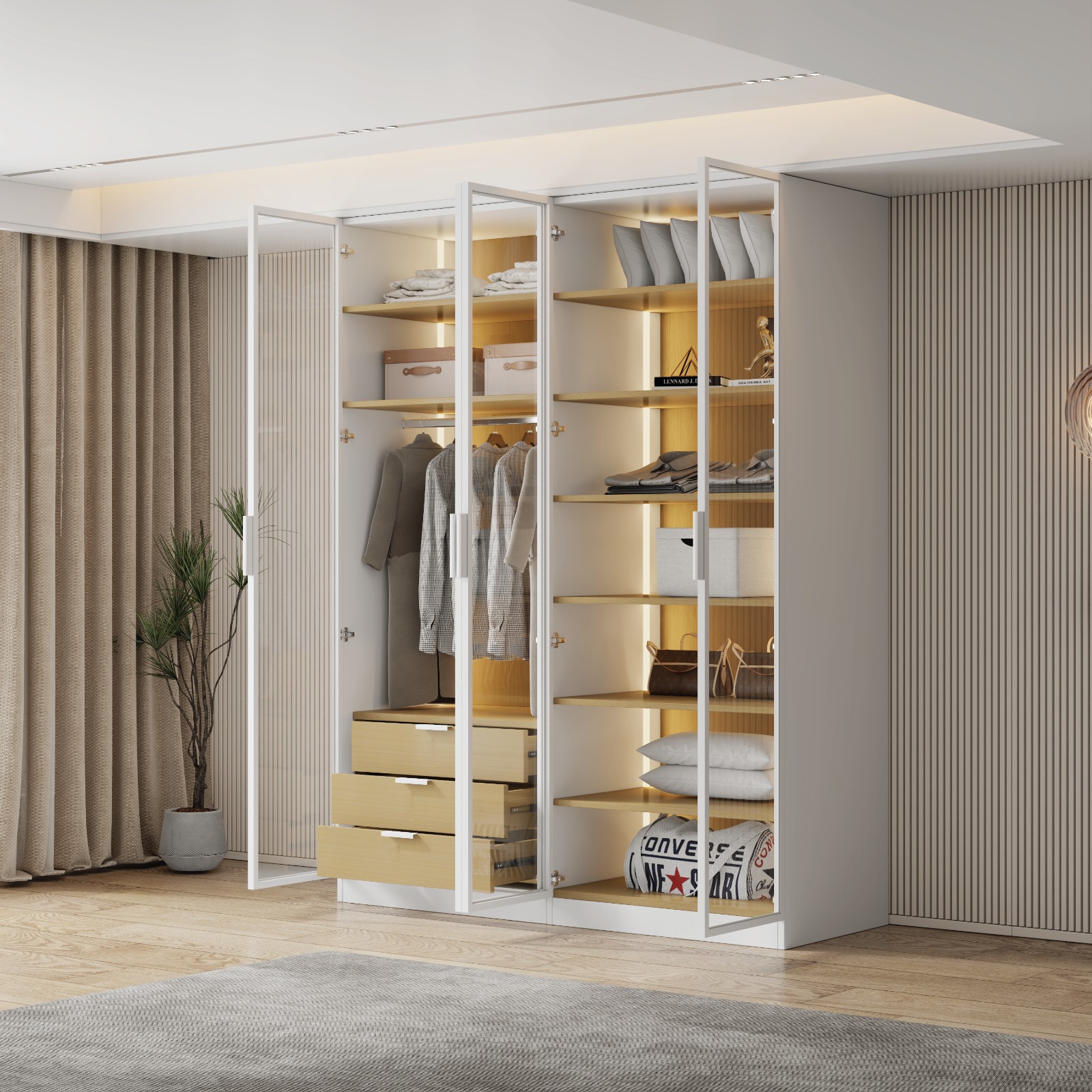 ארון בגדים יוקרתי 4 דלתות זכוכית עם תאורת LED רוחב 160 מסדרת איטליה בעיצוב פיזה, שילוב מהמם של לבן ועץ טבעי מבית WOODY