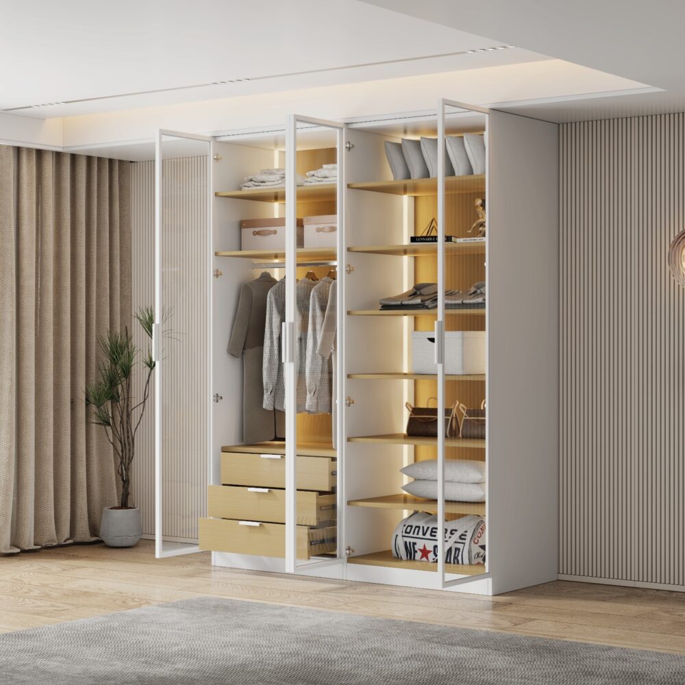 ארון בגדים מרהיב עם 4 דלתות זכוכית ותאורת LED - סדרת "איטליה", דגם פיזה בלבן ועץ טבעי מבית WOODY