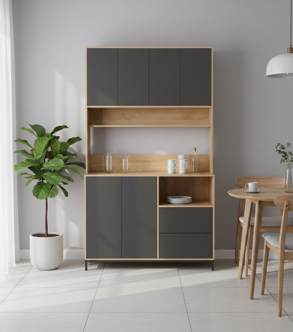 ארון שירות למטבח מודרני דגם אוריין - אפור עם נגיעות עץ, כולל מקום למיקרוגל מבית WOODY