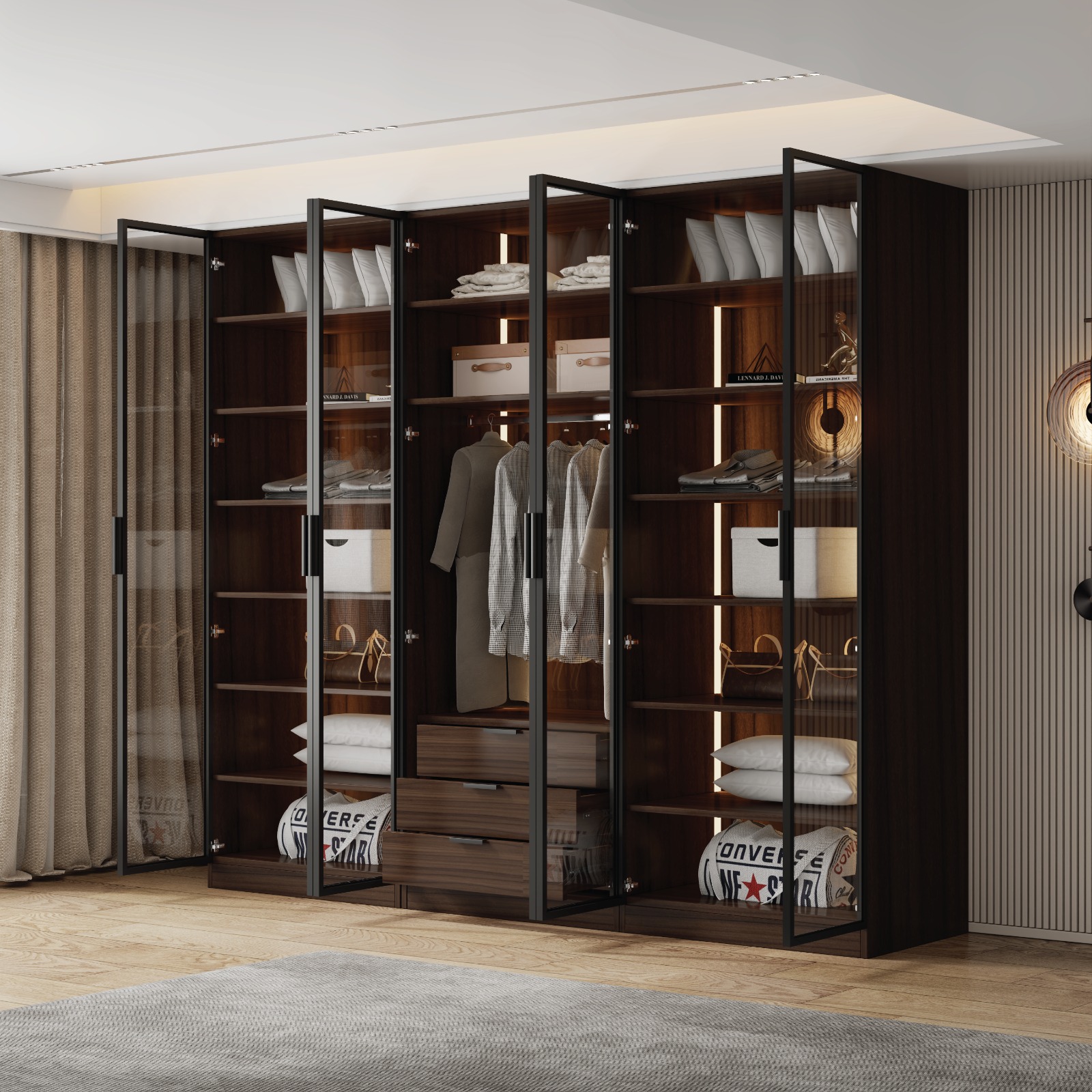 ארון בגדים עוצר נשימה עם 6 דלתות מזכוכית ותאורת LED - סדרת איטליה דגם רומא חום כהה מבית WOODY – תמונה 2