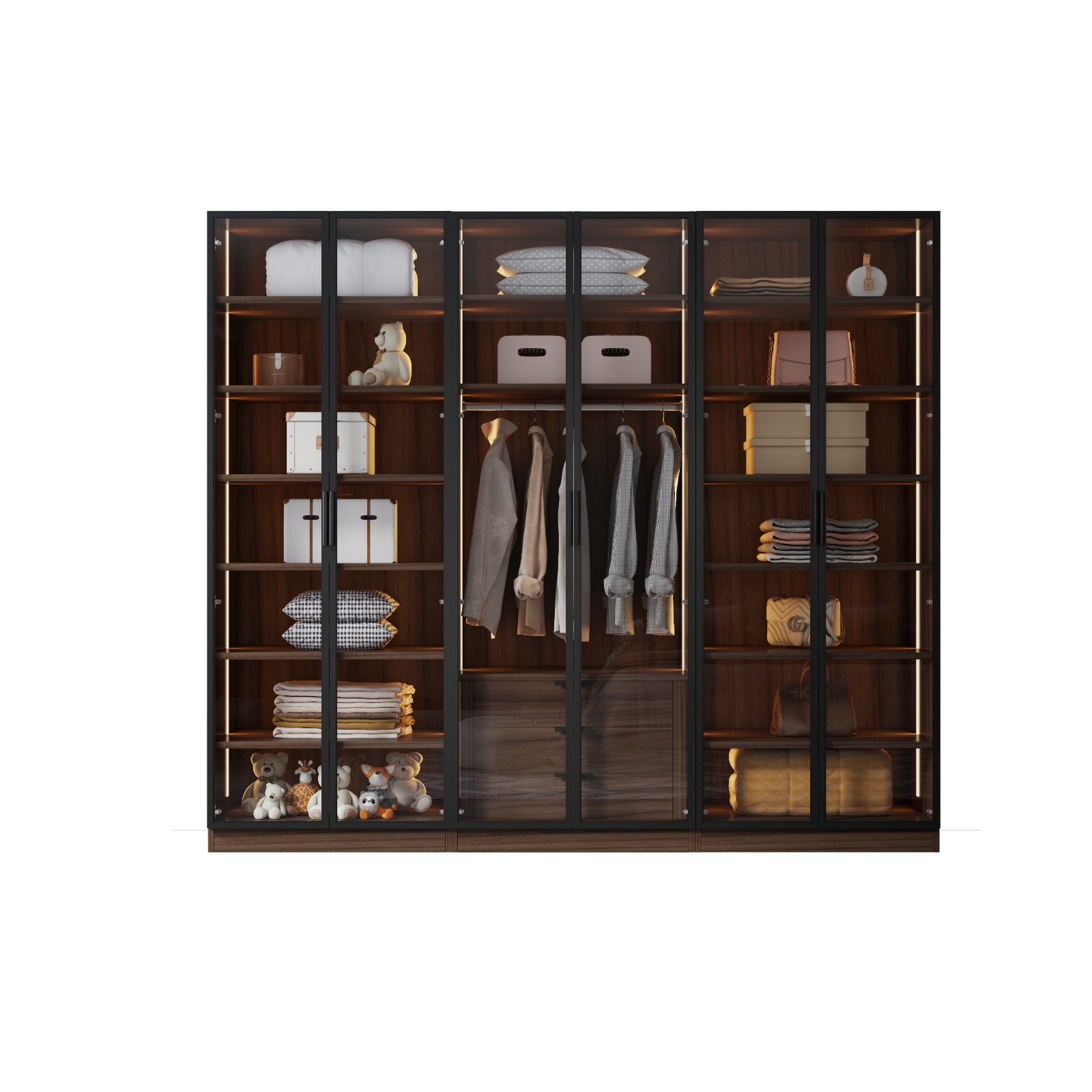 ארון בגדים עוצר נשימה עם 6 דלתות מזכוכית ותאורת LED - סדרת איטליה דגם רומא חום כהה מבית WOODY – תמונה 3