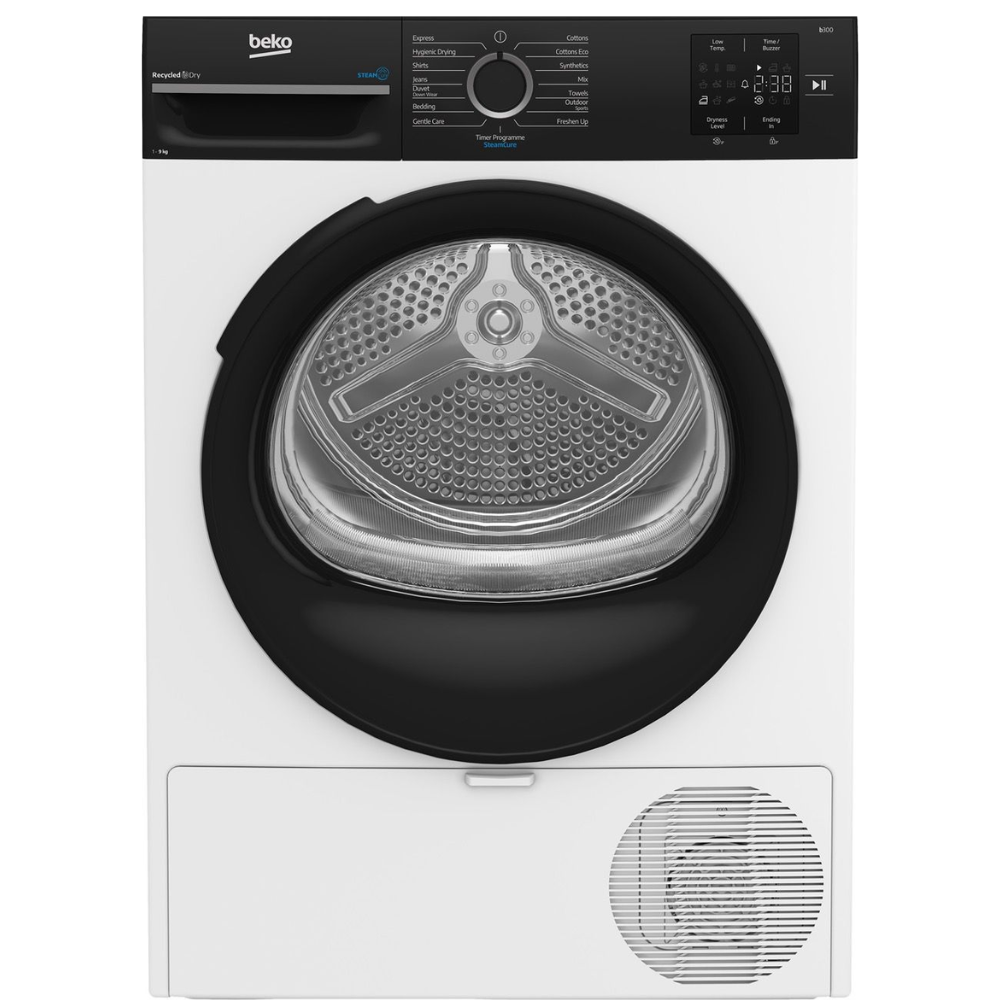 מייבש כביסה פתח חזית BEKO BM3T4935W עם טכנולוגיית Heat-Pump ל-9 ק"ג כביסה