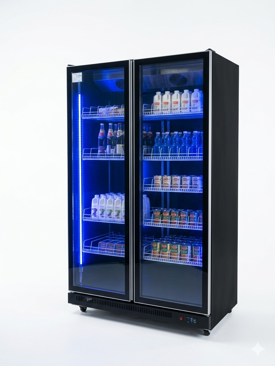 מקרר תצוגה ושתייה עומד כפול 2 דלתות זכוכית פלזמה שחור פלזמה 1000 ליטר