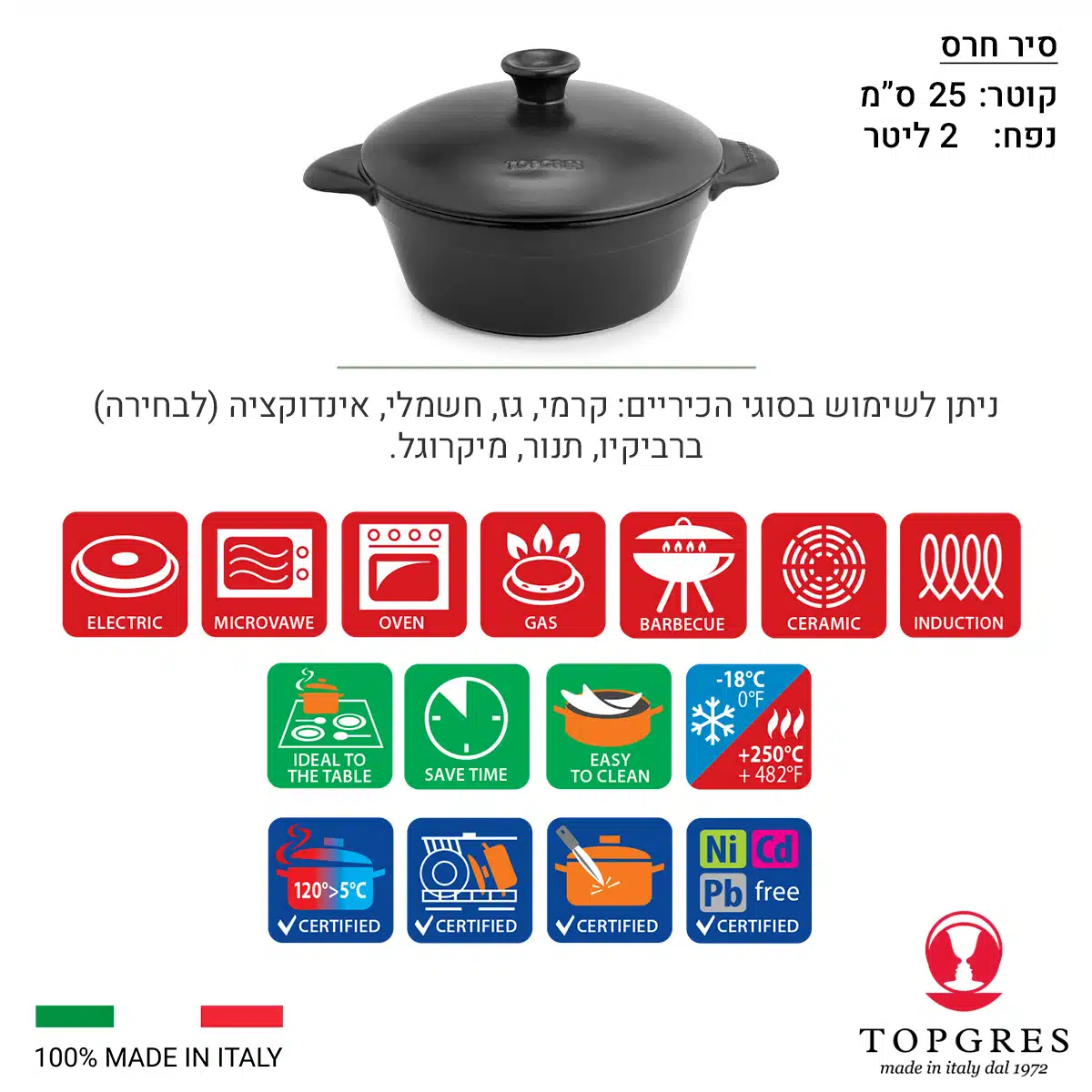 סיר קדרה חרס 2 ליטר בקוטר 23 ס"מ מבית Topgres – תמונה 3