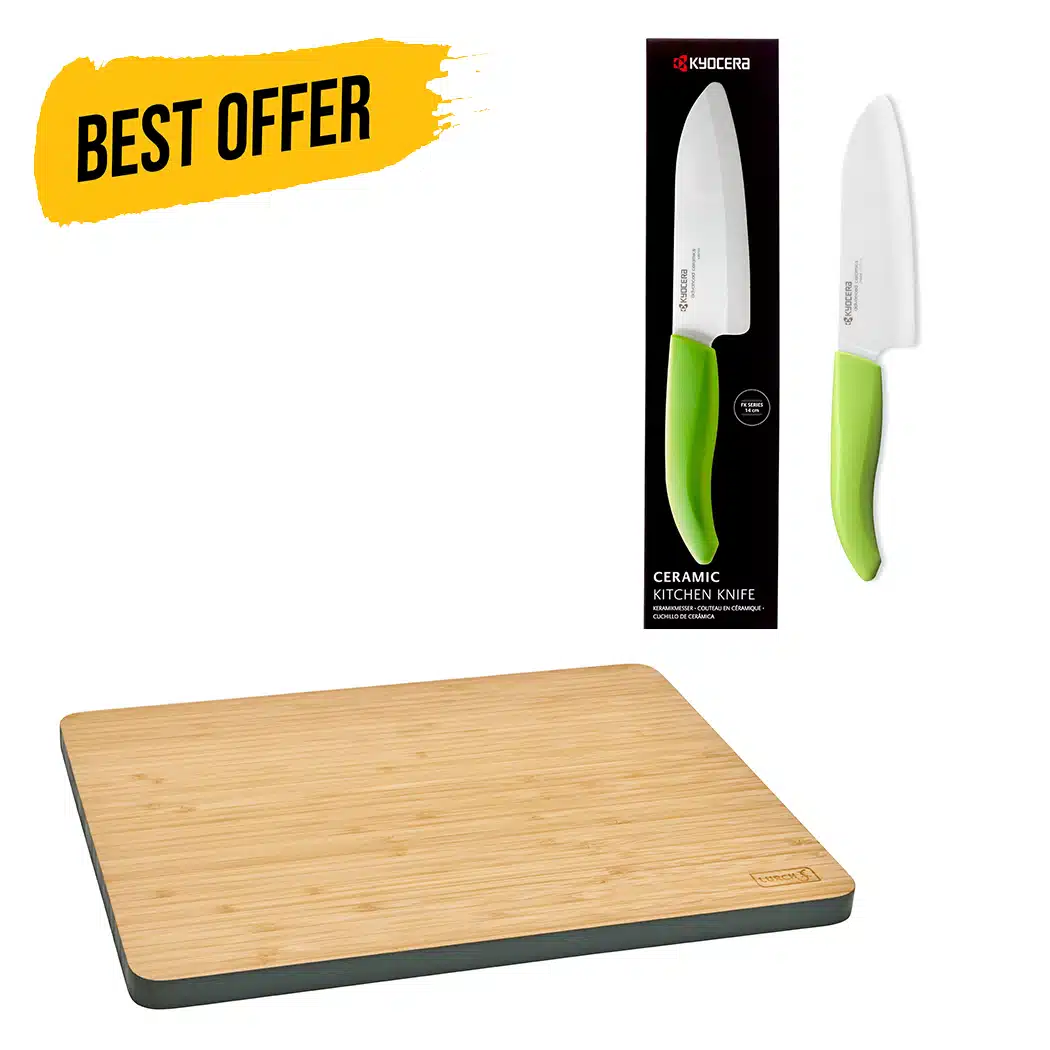 סכין סנטוקו קרמית 14 ס"מ מסדרת Gen עם קרש חיתוך מבמבוק - מחיר מיוחד