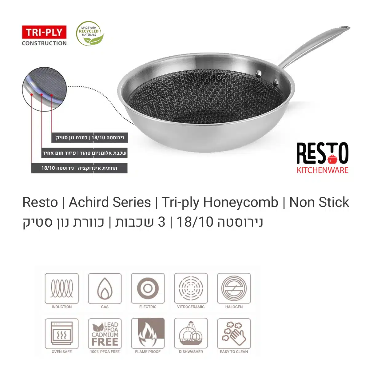 ווק נירוסטה 28 ס"מ Achird סדרת Resto ציפוי נון סטיק - New Horizon – תמונה 3