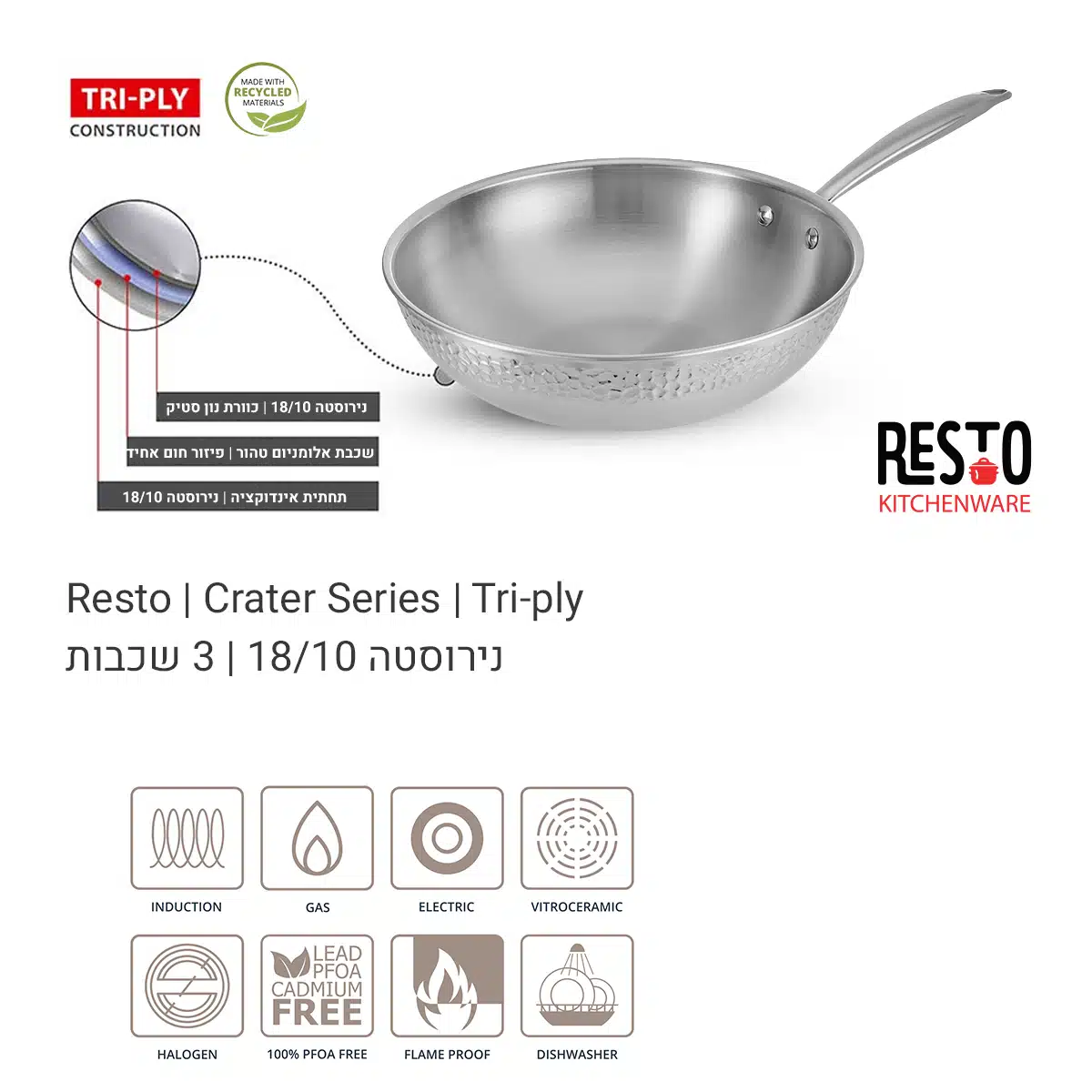 מחבת ווק נירוסטה 28 ס"מ TRI-PLY סדרת Resto - New Horizon – תמונה 2