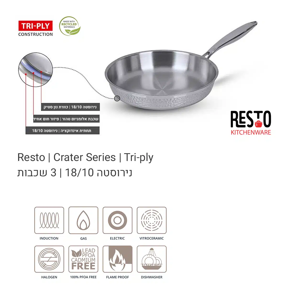 מחבת נירוסטה תלת שכבתית 28 ס"מ מסדרת Crater RESTO - New Horizon – תמונה 2