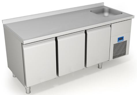 מקרר דלפקי 3 דלתות, עם כיור ימין 40X40X25 רוחב 205 עומק 70 גובה 100 (כולל הגבהה אחורית) אוויר מאולץ