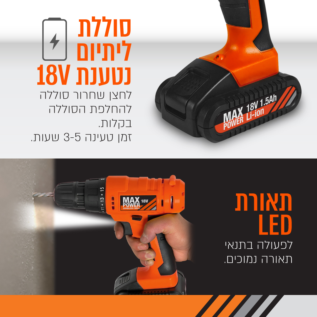 סט מברגה אימפקט נטענת PURE ENERGY DRILLX-45 עם 45 חלקים 18V – תמונה 5
