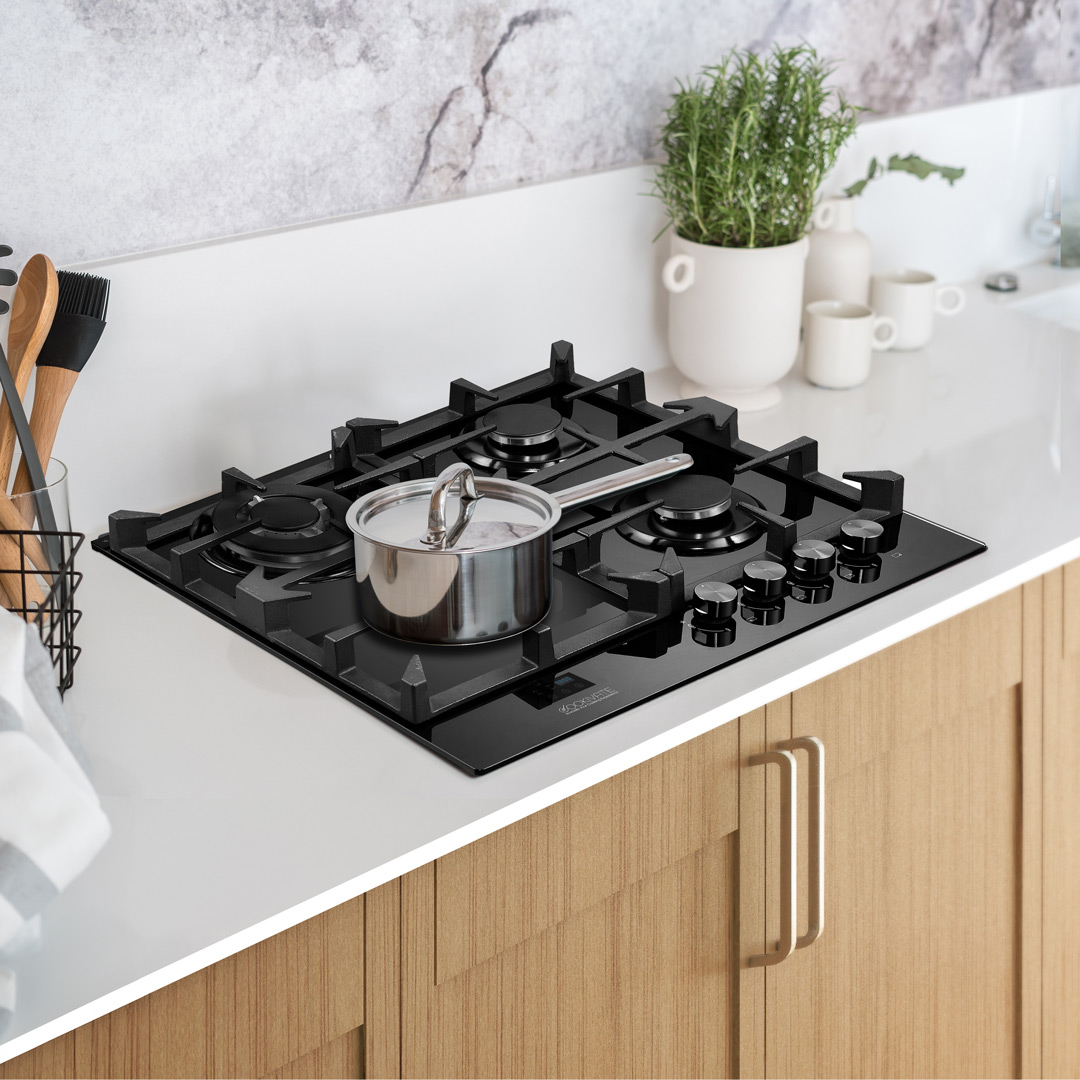 כיריים גז COOKIVATE דגם MULTIHOB זכוכית שחורה 4 להבות עם טיימר ולהבת טורבו – תמונה 2