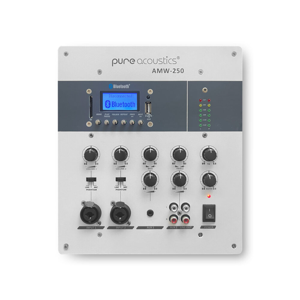 מגבר סטריאו 100W לתליה על הקיר+תיבת מתכת PURE ACOUSTICS דגם AMW-250