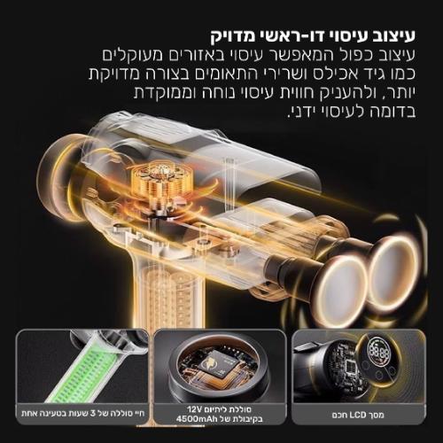 אקדח עיסוי דו-ראשי CARBON PROLAX מקצועי עם 12 ראשי עיסוי מתחלפים – תמונה 4