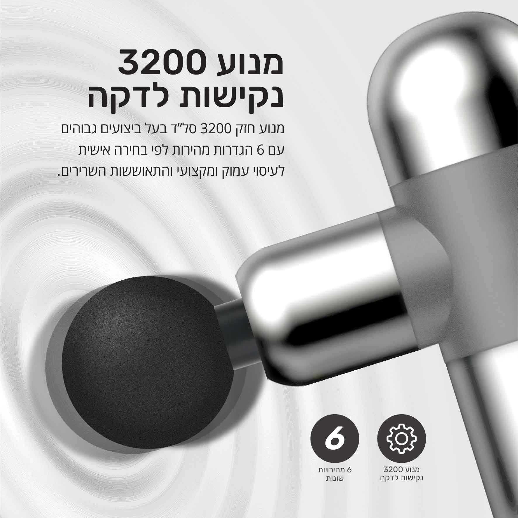 אקדח עיסוי CARBON דגם MUSCLE GUN M4.2 עם ארבעה ראשים ונרתיק נשיאה – תמונה 4