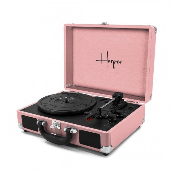 פטיפון בלוטוס מזוודה ורוד HARPER HRT-10 עם רמקולים