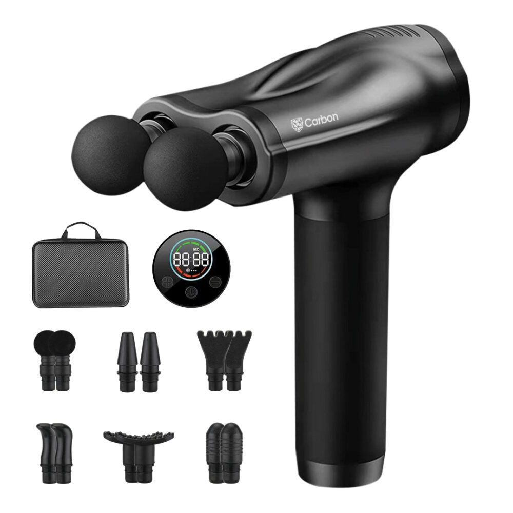 אקדח עיסוי דו-ראשי CARBON PROLAX מקצועי עם 12 ראשי עיסוי מתחלפים