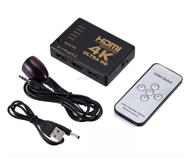 קופסת מיתוג דיגיטלית HDMI5TO1IRUSB4K עם שלט עיינית וכבל USB