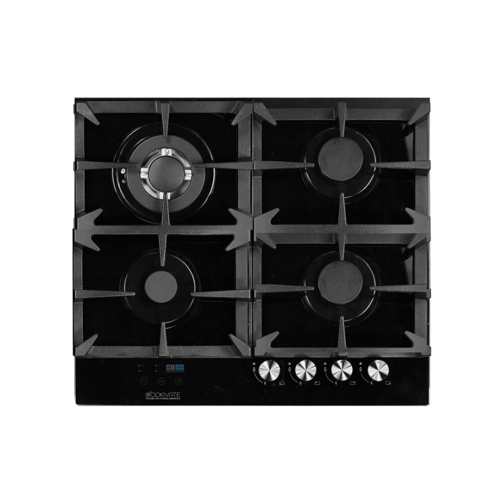 כיריים גז COOKIVATE דגם MULTIHOB זכוכית שחורה 4 להבות עם טיימר ולהבת טורבו