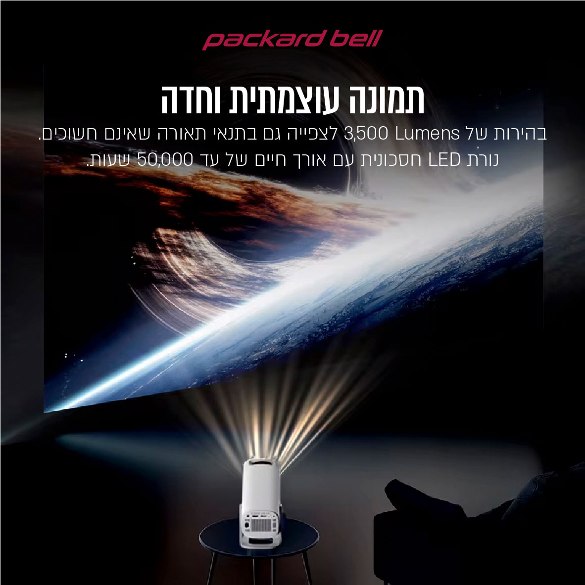 מקרן וידאו LUMENS 3500 עם מערכת Android ושיקוף מסך WiFi PACKARD BELL דגם LUMINATOR-LEGEND-40 – תמונה 2