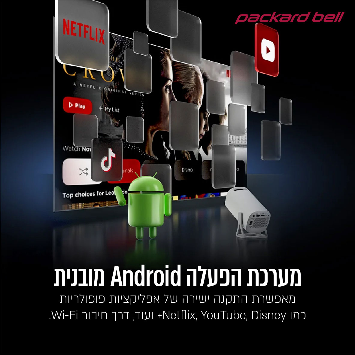 מקרן וידאו LUMENS 3500 עם מערכת Android ושיקוף מסך WiFi PACKARD BELL דגם LUMINATOR-LEGEND-40 – תמונה 5